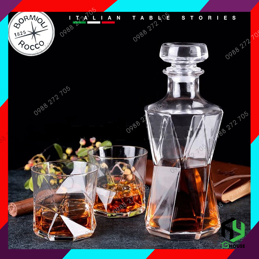 Bộ bình thủy tinh đựng rư ợu và 6 ly rock CASSIOPEA cao cấp - Bormioli Rocco - Made in Italy