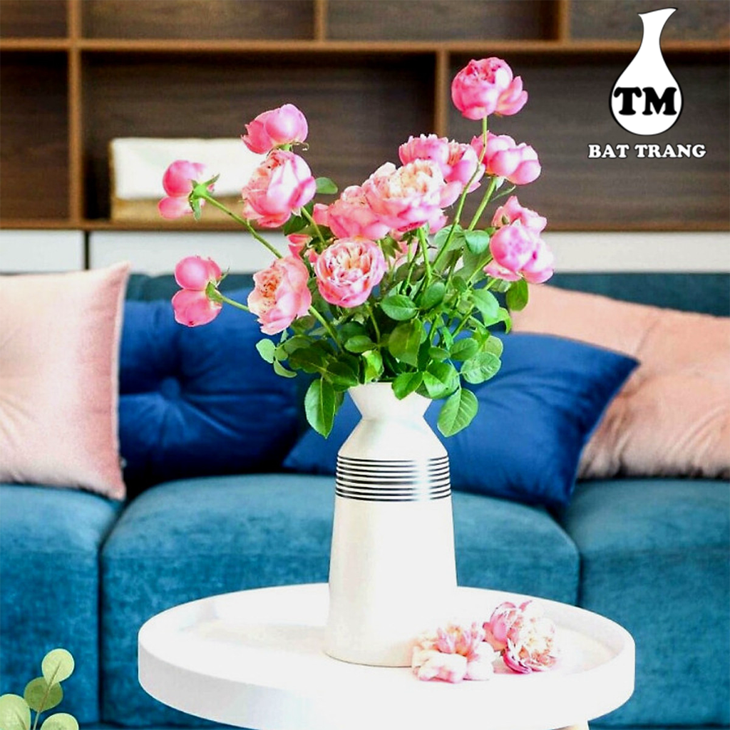 Bình Cắm Hoa Gốm Sứ Cao Cấp - Lọ hoa Men Mát Kẻ Đen - Xưởng Gốm TM