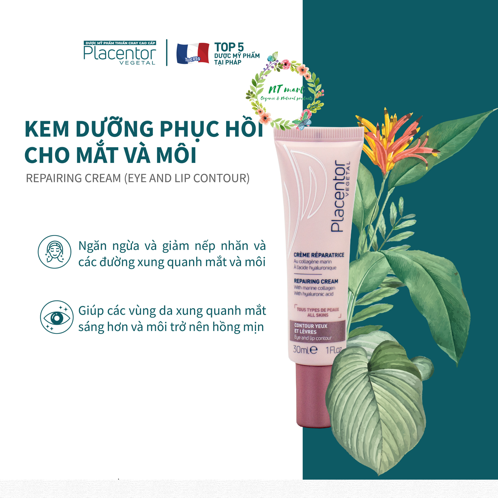 [THUẦN CHAY] Kem dưỡng phục hồi cho Mắt và Môi Placentor Repairing Cream (Eye And Lip Contour)