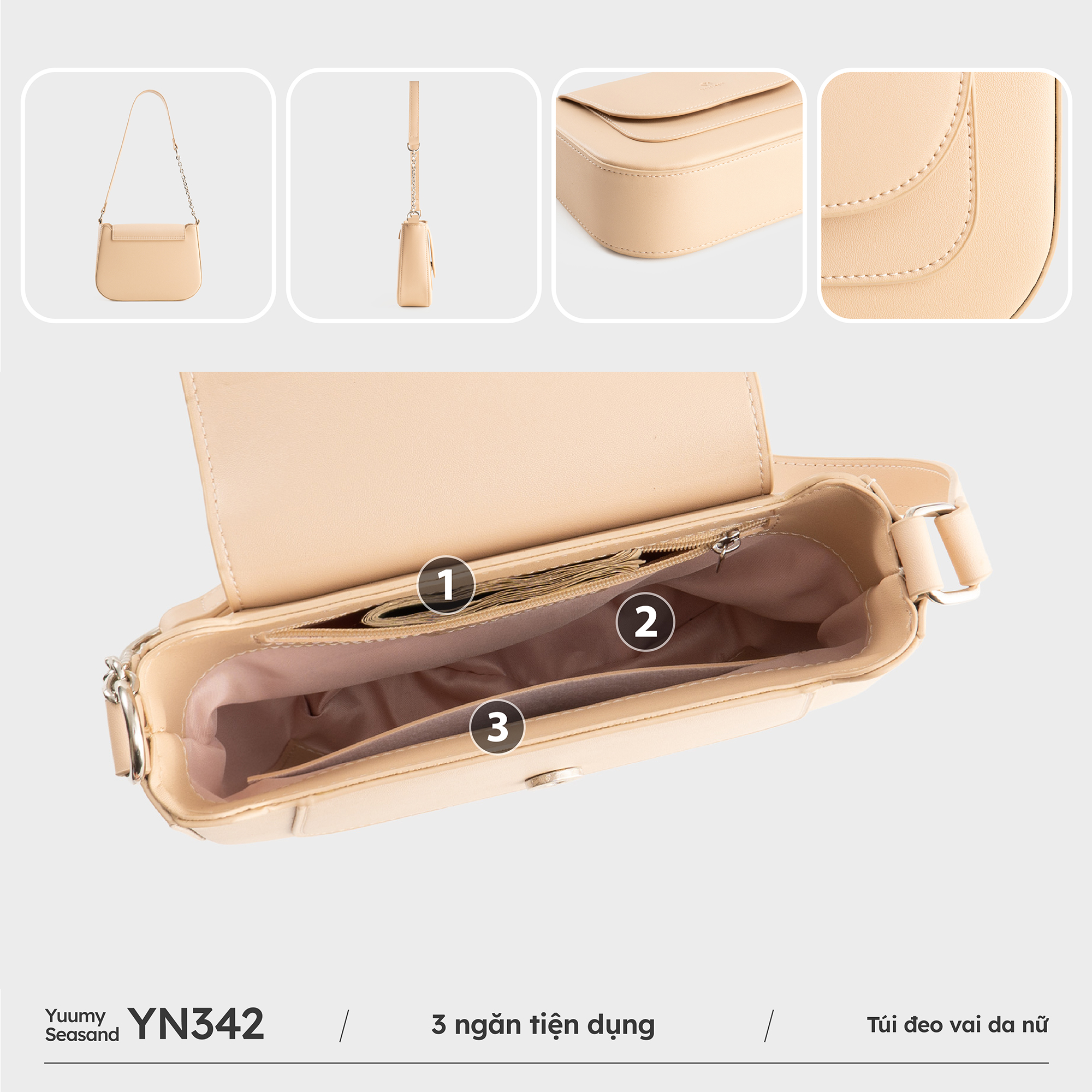 Túi Yuumy ( Thời trang nữ nắp gập bo viền tối giản size 22- Túi đeo vai da Seasand YN342 )