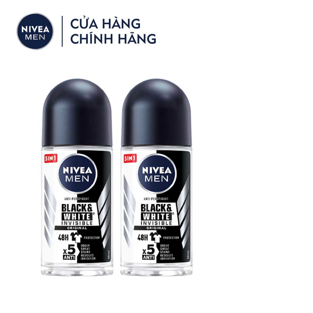 Bộ 2 Lăn Ngăn Mùi NIVEA MEN Black &amp; White 5in1 Ngăn Vệt Ố Vàng | Hương Nhẹ Nhàng (50 ml) - 82245