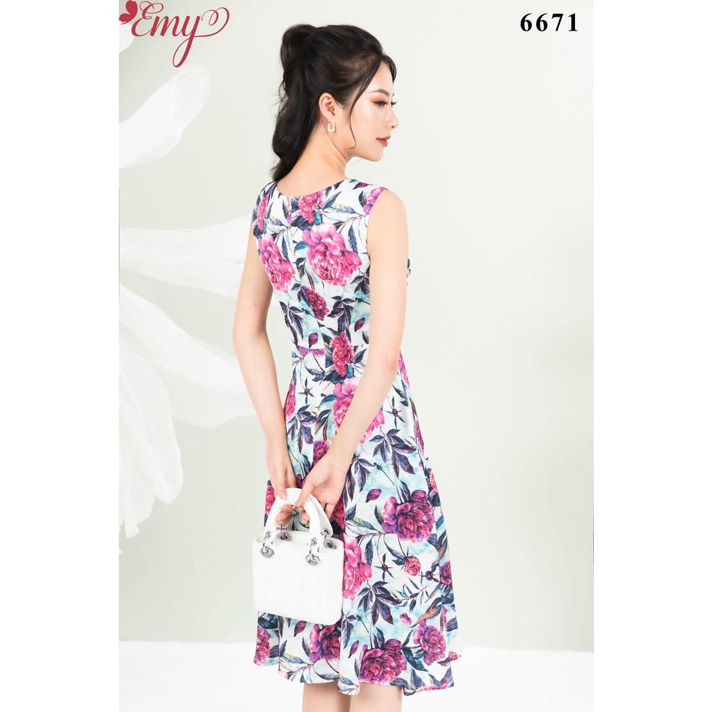 Đầm EMY EM6671 Xoè Sát Nách Hoạ Tiết Hoa To