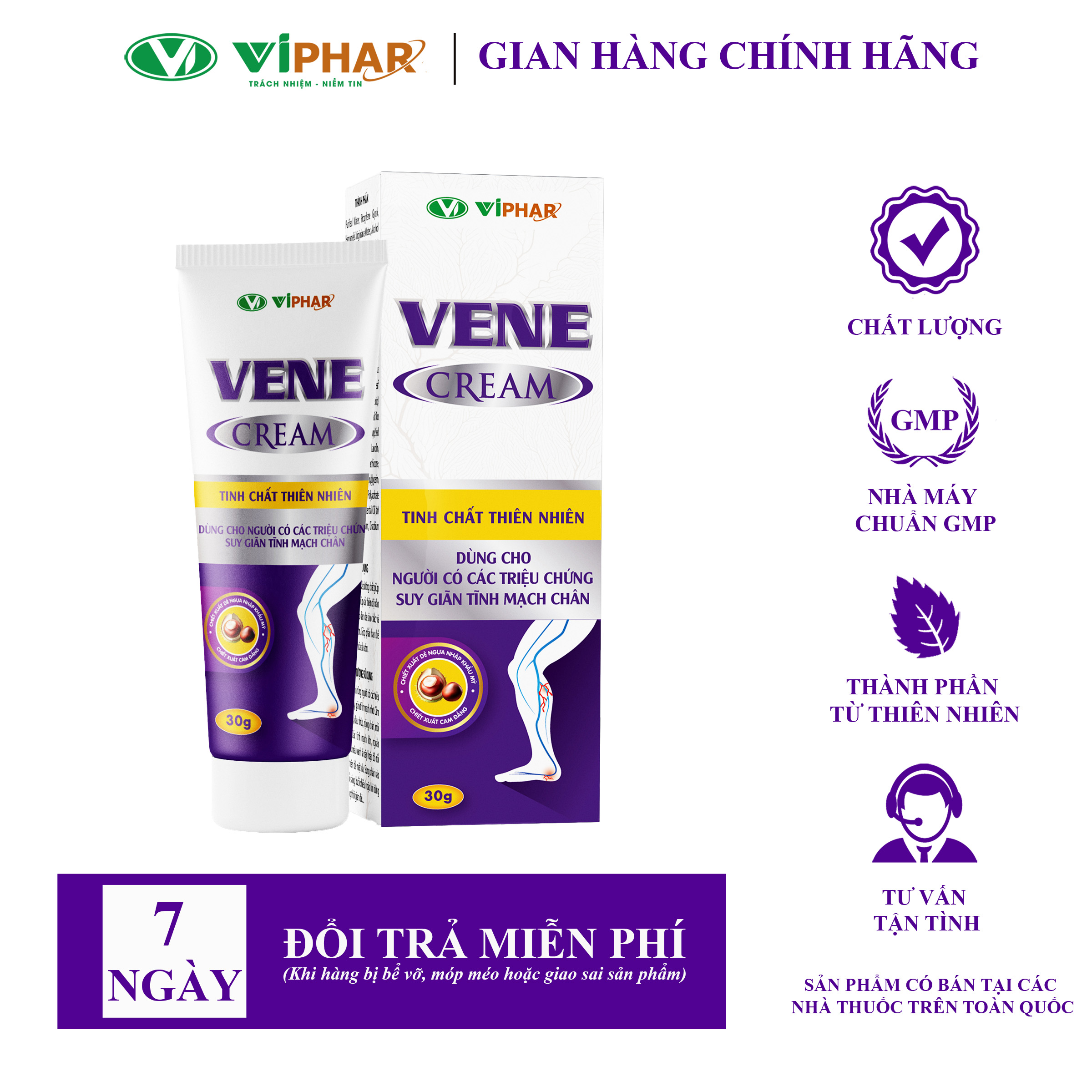 VENE CREAM Hỗ Trợ Giảm Đau Nhức Mờ Gân Xanh Đỏ Do Suy Giãn Tĩnh Mạch Chân Tube 30g