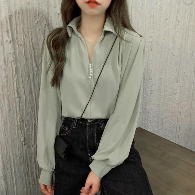 Áo Kiểu Tay Dài Cổ Chữ V Thiết Kế Màu Trơn Thanh Lịch Dành Cho Nữ