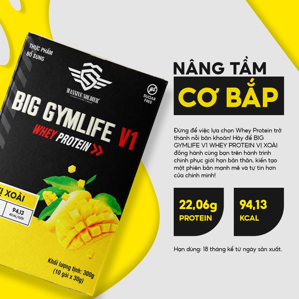 Bột Whey Protein BIG GYMLIFE V1 Mango Bảo Long (Hộp 10 gói x 30g) - Hàng Chính Hãng