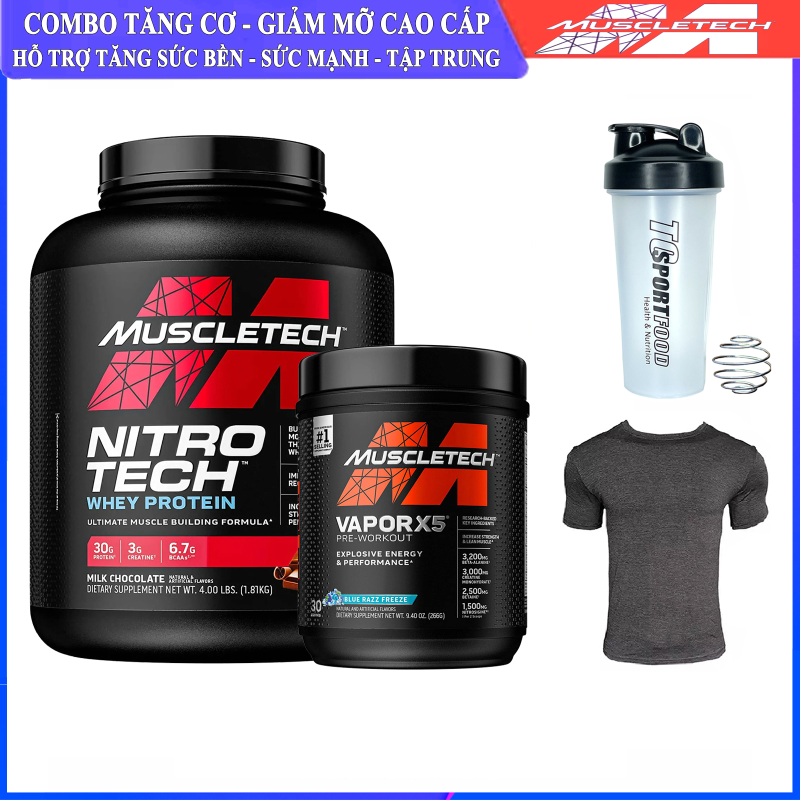 Combo sữa tăng cơ Whey Protein Nitro tech hương Chocolate hộp 4lbs & Pre Workout Vapor x5 hương Blue Razz hộp 30 lần dùng & Bình lắc 600ml (mẫu ngẫu nhiên) & Áo thun thể thao (size L 68-80kg)