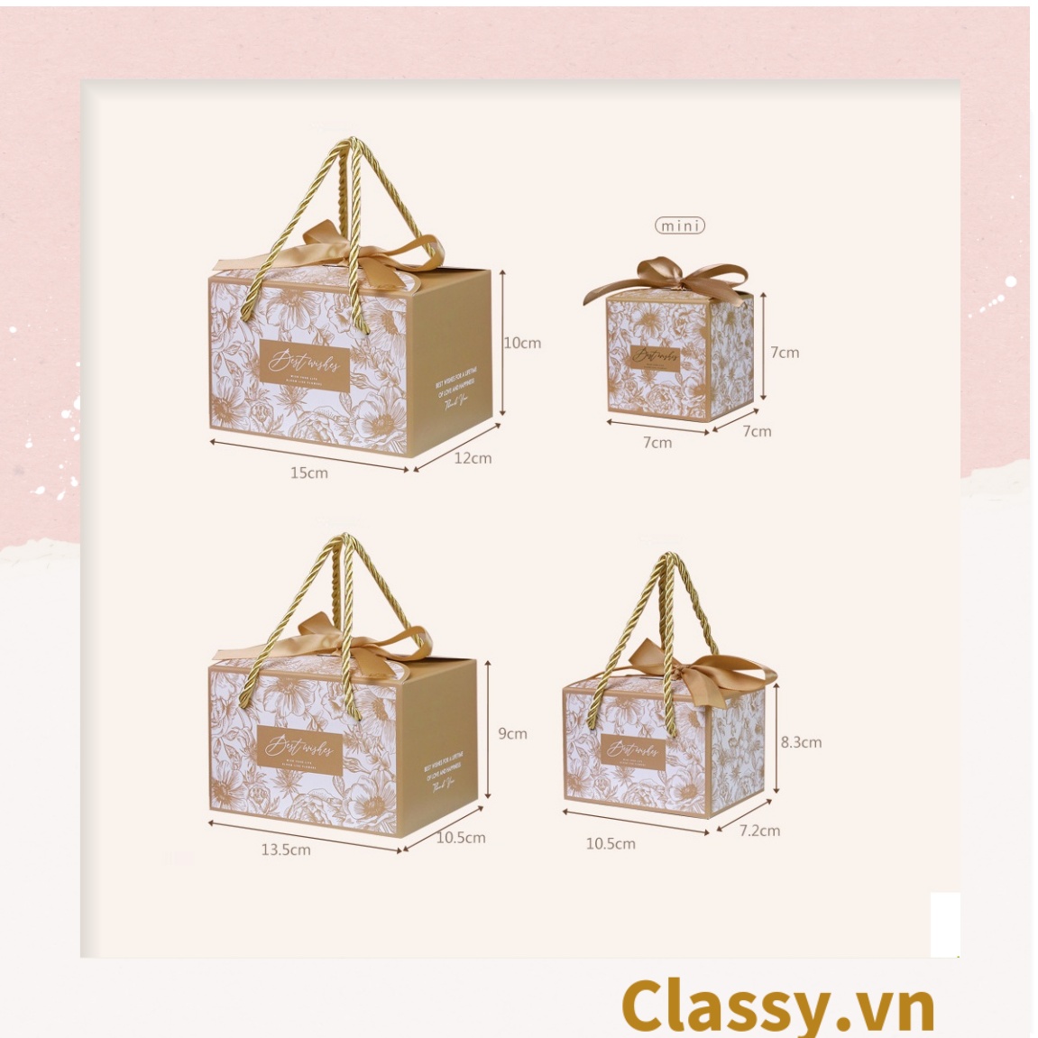 Q794 Hộp giấy tự gấp đựng quà tặng hình hộp vuông kèm ruy băng và quai xách nhựa cứng hoặc dù