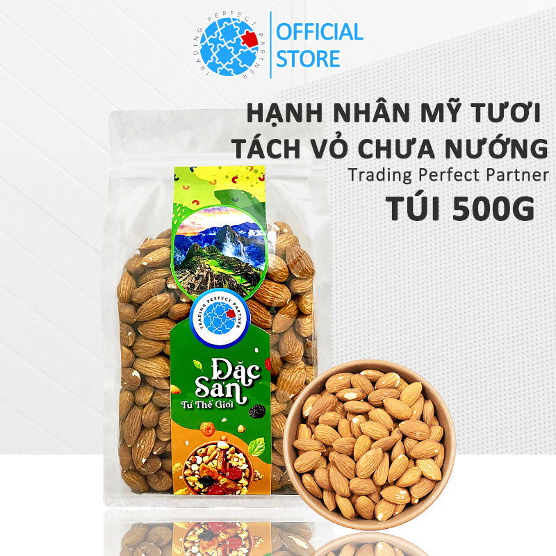 Hạt Hạnh Nhân Mỹ tách vỏ Trading Perfect Partner túi 500g - Hạnh nhân chưa nướng, hàng mới phù hợp nấu sữa hạt