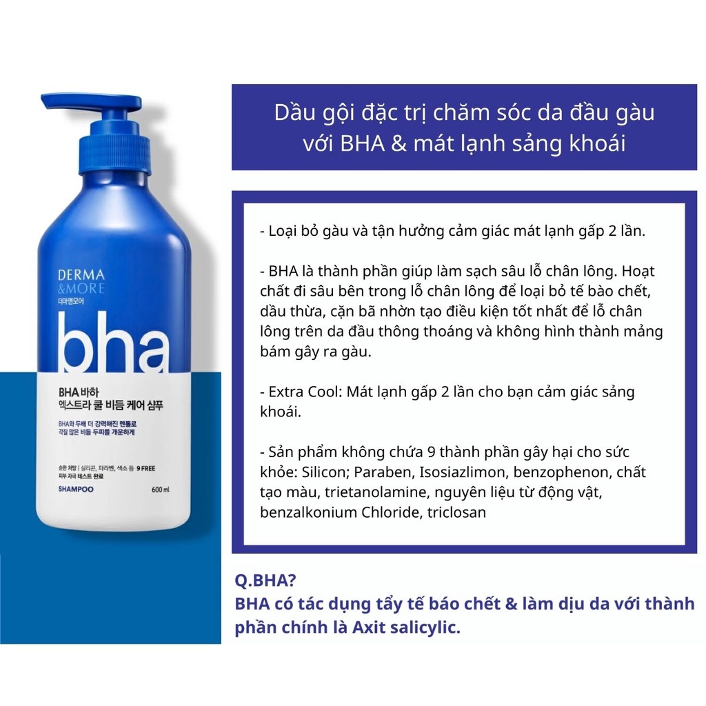 Dầu gội sạch gàu Derma &amp; More BHA EXTRA COOL chiết xuất tinh dầu bạc hà mát lạnh 600ml