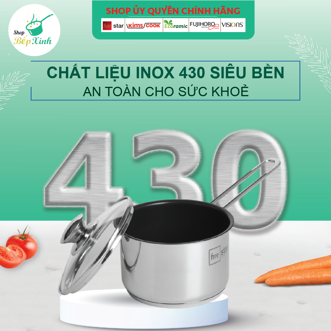 Quánh bột chống dính 3 đáy inox 430 Fivestar bếp từ nắp kính