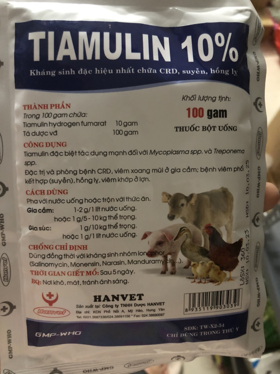 Thuốc thú y, tiamulin 10% hanvet 100g dùng cho chó, mèo, gia súc, gia cầm