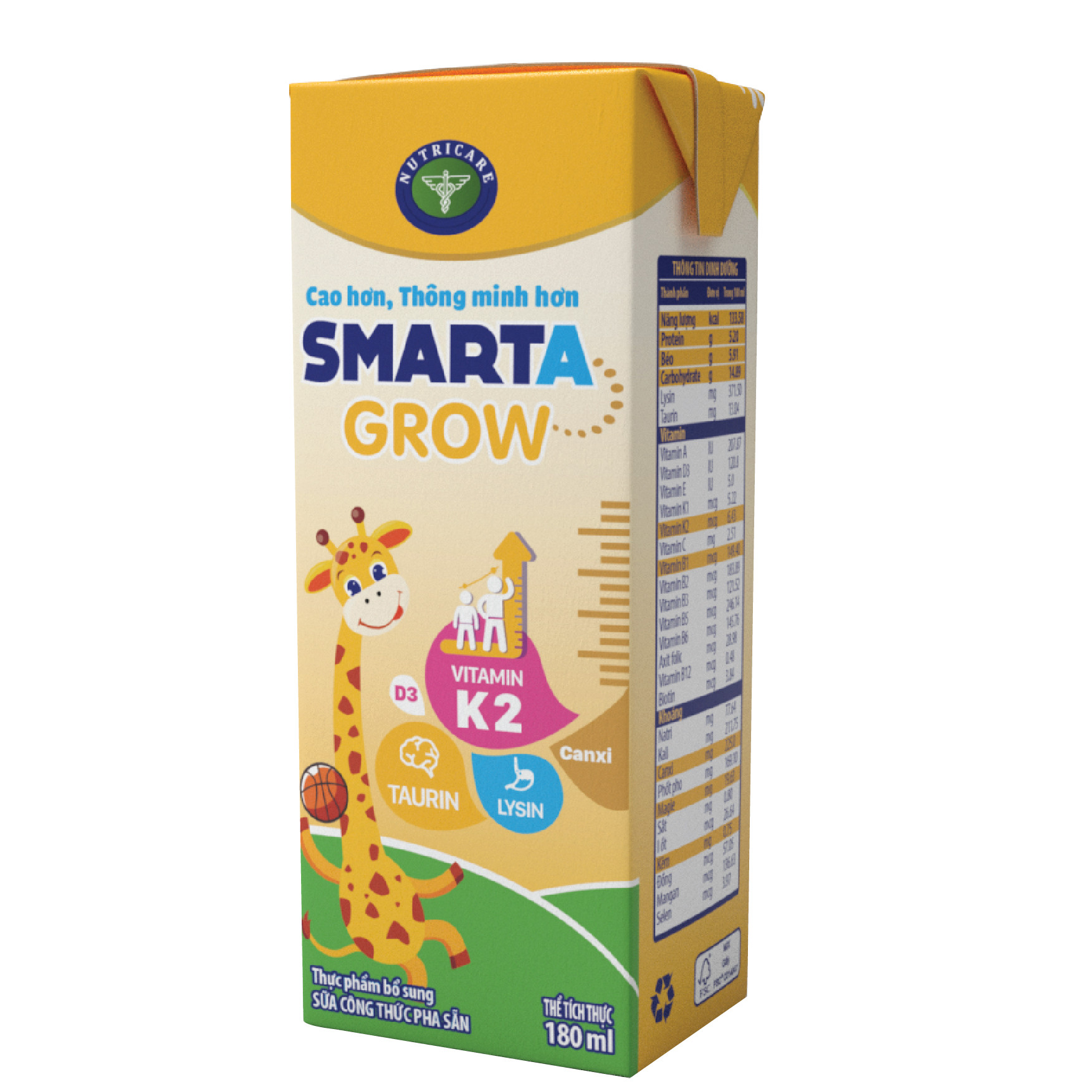 Thùng sữa công thức pha sẵn Nutricare Smarta Grow (180ml x 48 hộp)- hỗ trợ tăng chiều cao, phát triển não bộ