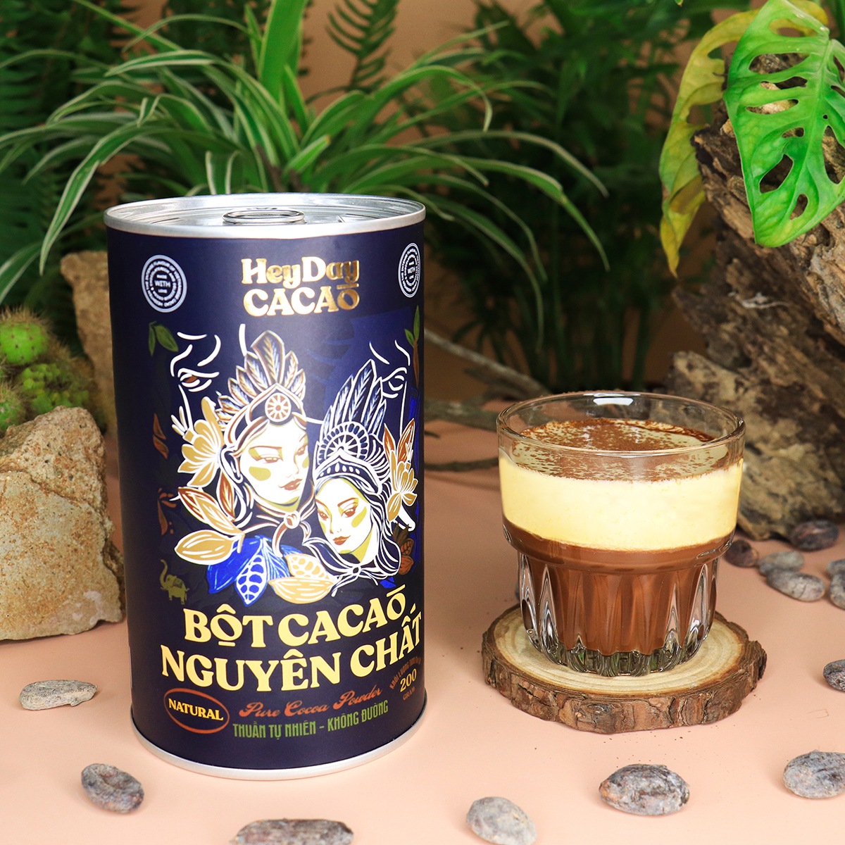 Bột Cacao Nguyên Chất 100% - Dòng Natural Không Kiềm Hóa - Lon 200g - Bộ sản phẩm cacao "Thật" Heydaycacao