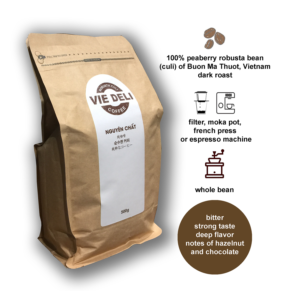 Hình ảnh Cà phê hạt Robusta Culi Viedeli, túi 500g