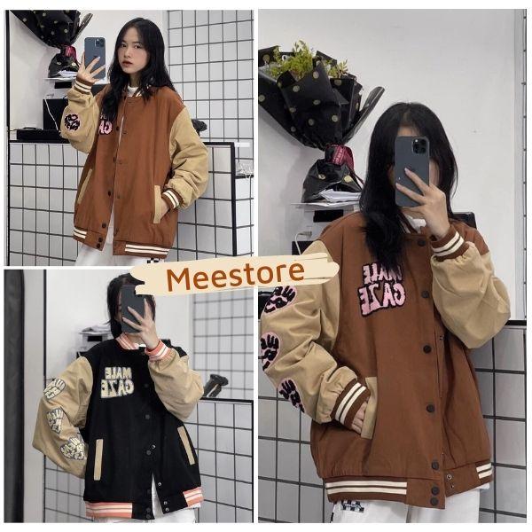 Áo Khoác Bomber Varsity Nữ  - Jacket Nỉ Dáng Rộng Unisex Tay Bồng Màu Nâu Tây Phong Cách Hàn Quốc