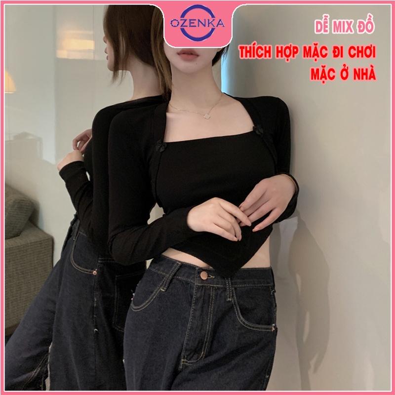 Áo croptop tay dài cổ vuông vạt yếm , crt ôm nữ đen trắng thun gân 100% cotton free size dưới 52 kg