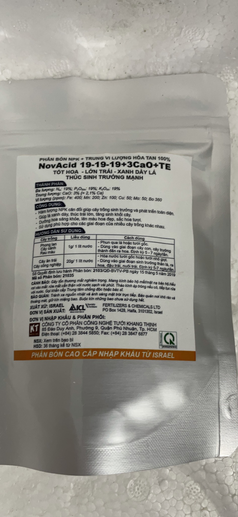 Phân bón gói 100gr ISRAEL NOVACID 22-11-11+6Mgo ,19-19-19 + 3Cao+Te, 13-40-13+TE dùng thủy canh hoặc bón lá