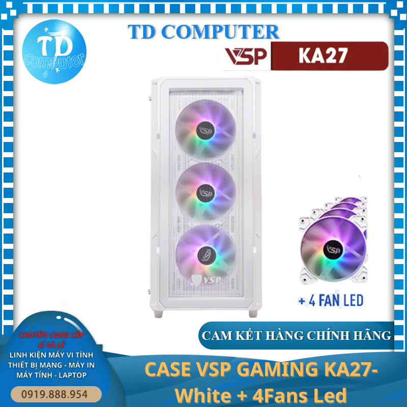 Vỏ máy tính Case VSP KA27 [TRẮNG] sẵn 4 Fan LED ~ Gaming 2 mặt kính cường lực (M-ATX/ITX) - Hàng chính hãng TECH VISION phân phối