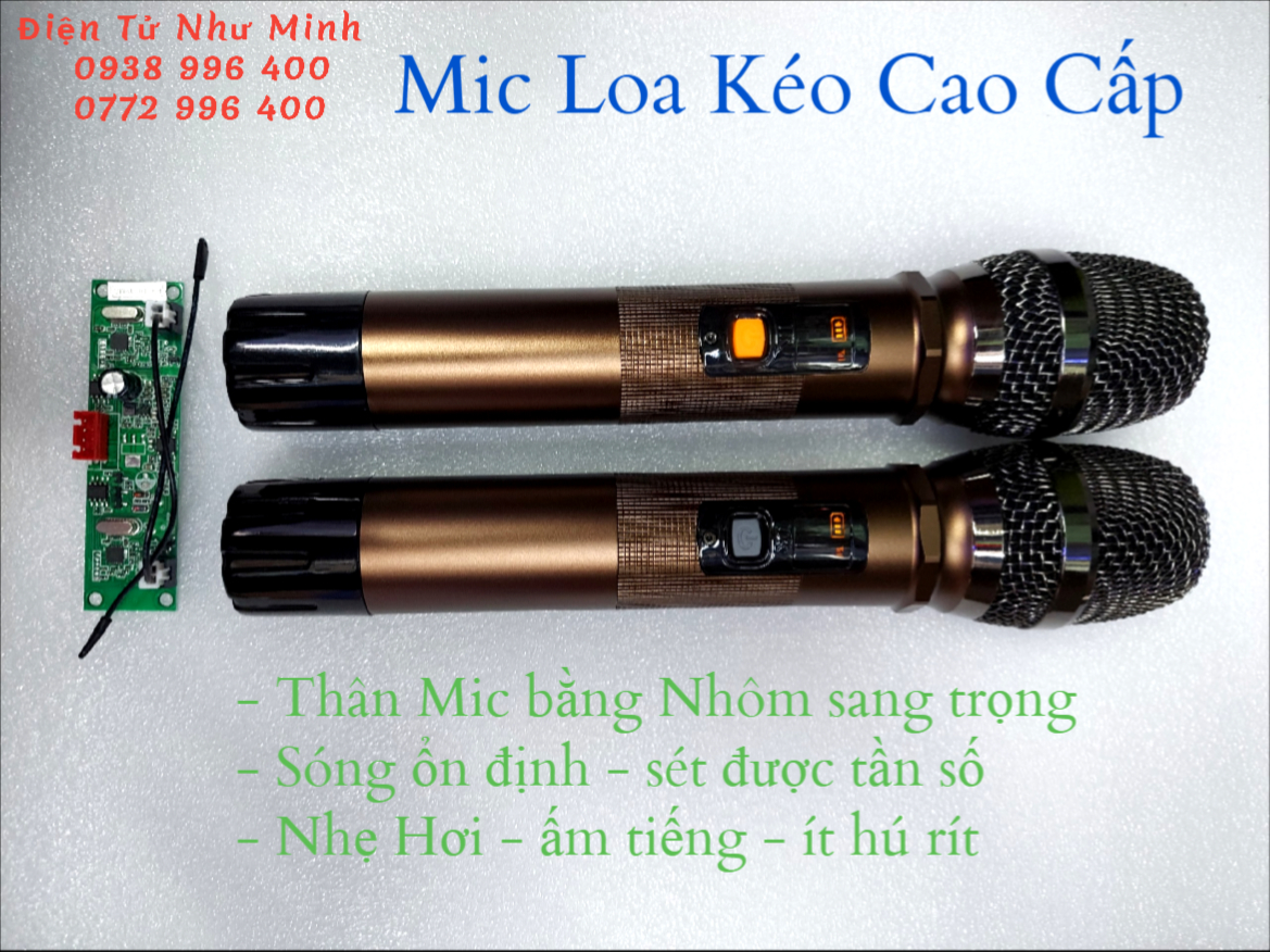 Bộ 2 Mic không dây cho loa kéo UHF CAO CẤP FULL NHÔM