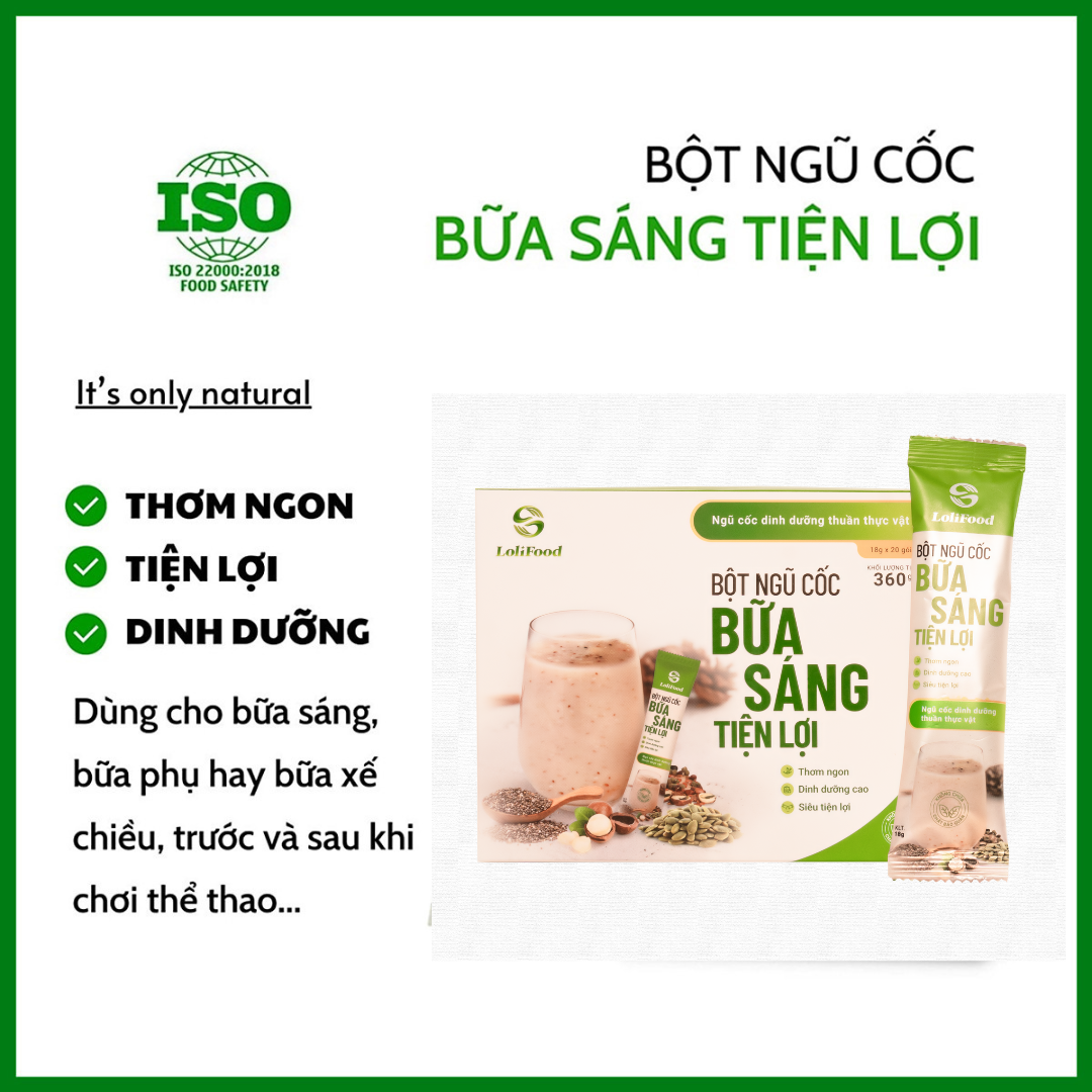 Bột Ngũ Cốc Bữa Sáng Tiện Lợi Lolifood - Bột Ngũ Cốc Dinh Dưỡng 100% Tự Nhiên; Thay Thế Bữa Ăn Sáng, Bổ Sung Vào Bữa Phụ (Hộp 20 gói*18gr)