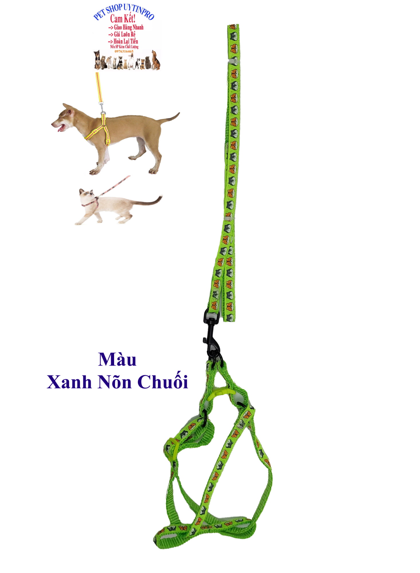 Dây dắt kèm yếm cho Chó Mèo Từ 1kg đến 5kg Bản rộng 1cm In HÌNH ĐẦU THÚ Chất liệu dù Chắc chắn, Yếm có thể điều chỉnh