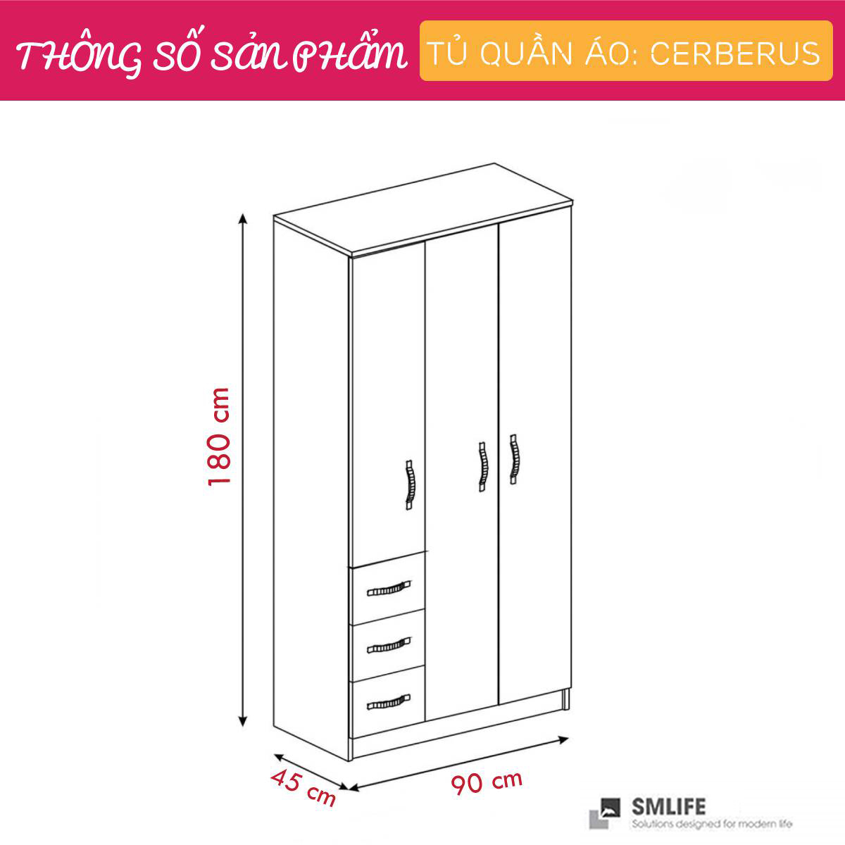 Tủ quần áo gỗ hiện đại SMLIFE Cerberus | Gỗ MDF dày 17mm chống ẩm | D90xR45xC180cm