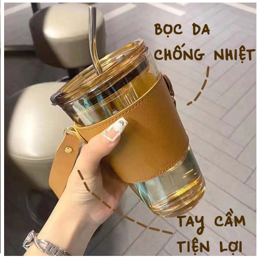 Cốc Thủy Tinh Bọc Da Cao Cấp Tặng Kèm Nắp Đậy Và Ống Hút GD596-LyTT
