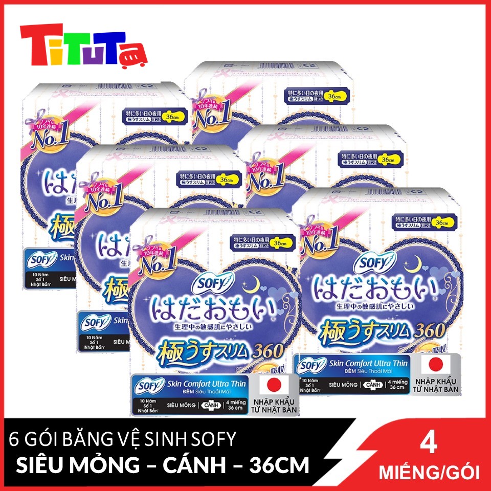 COMBO 6 Gói Băng Vệ Sinh Sofy Skin Comfort Ultra Thin 36cm Đêm Siêu Thoải Mái Siêu Mỏng Cánh 4 Miếng