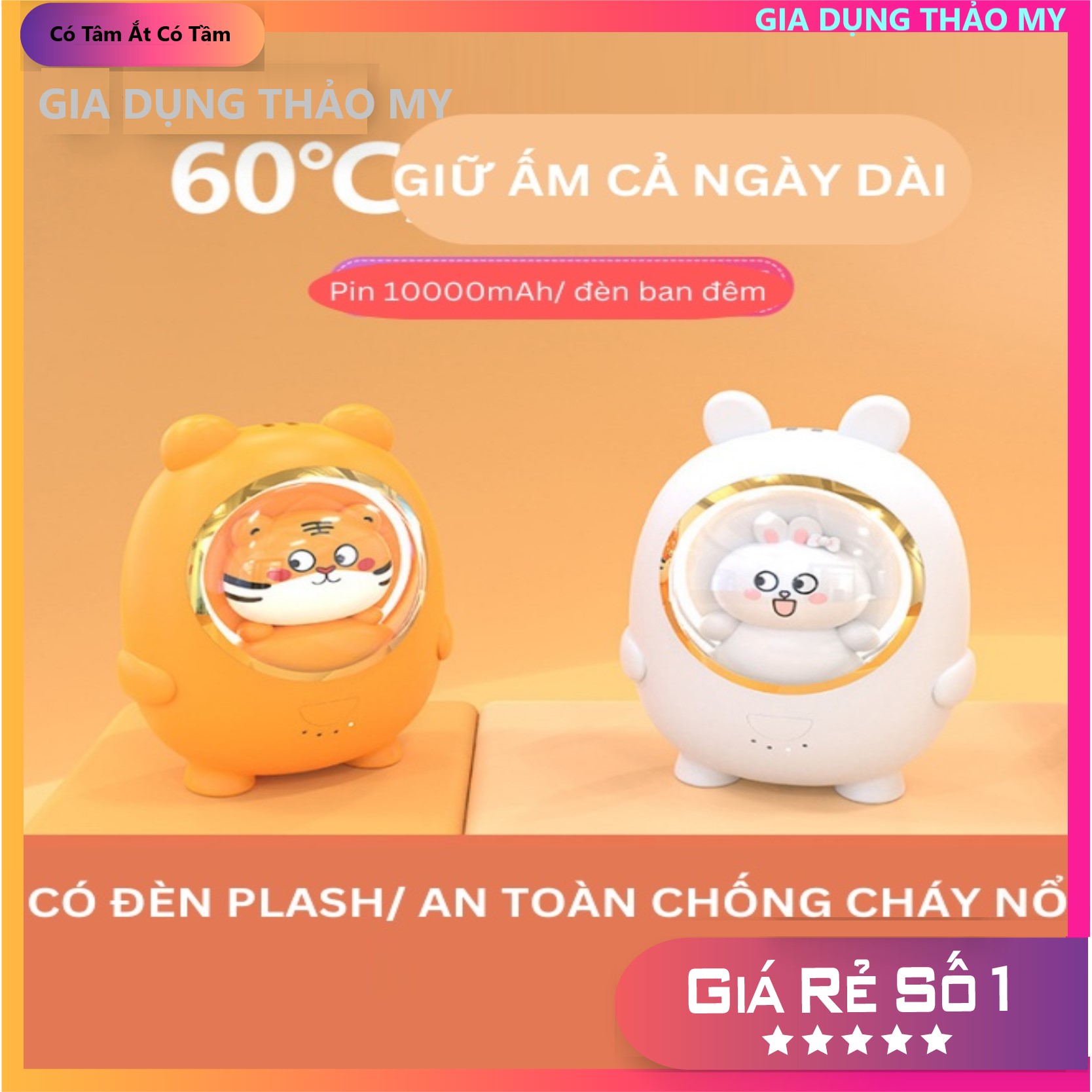 Máy sưởi ấm tay mini hình thú ngộ nghĩnh - 60 độ C có đèn led kiêm sạc dự phòng 10000mA - Hàng hót 2022