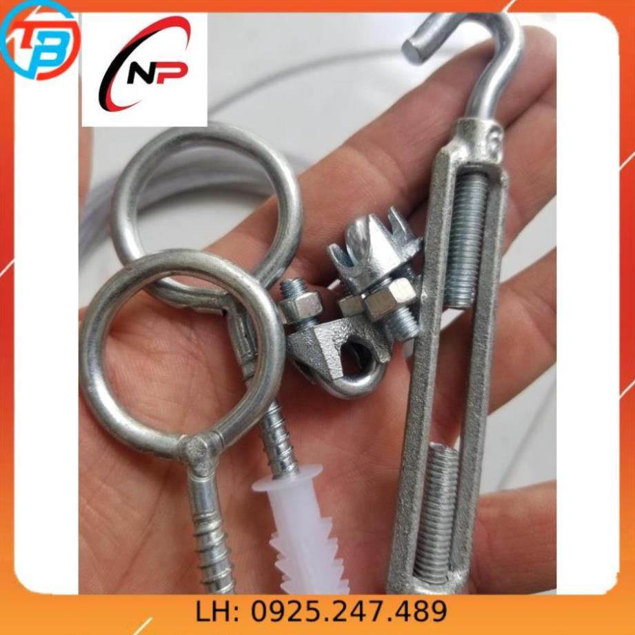 Combo 10 Mét Cáp Bọc nhựa 5mm kèm 1 tăng đơ,2 ốc siết cáp,2 khoen +tắc kê gắn tường.Làm dây phơi quần áo chống hoen rỉ..