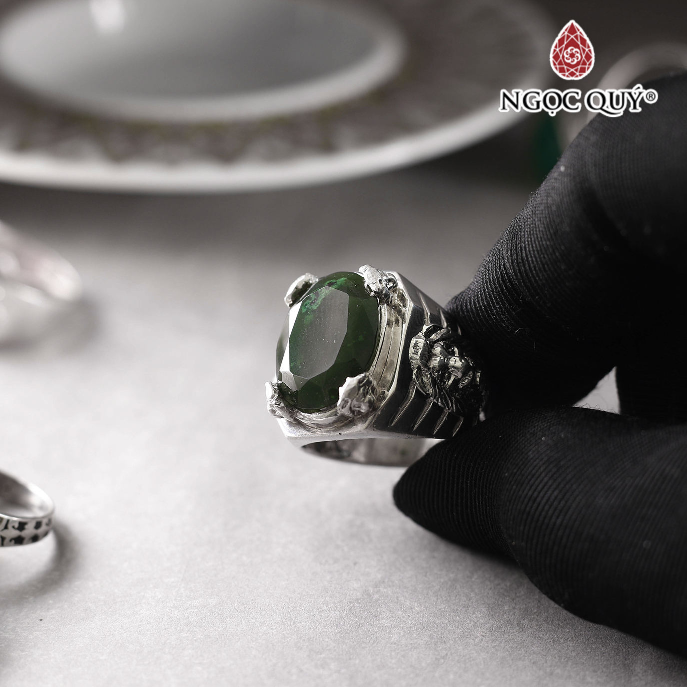Nhẫn bạc nam mặt đá Ngọc bích 13x18mm Ni19 mệnh hỏa , mộc - Ngọc Quý Gemstones