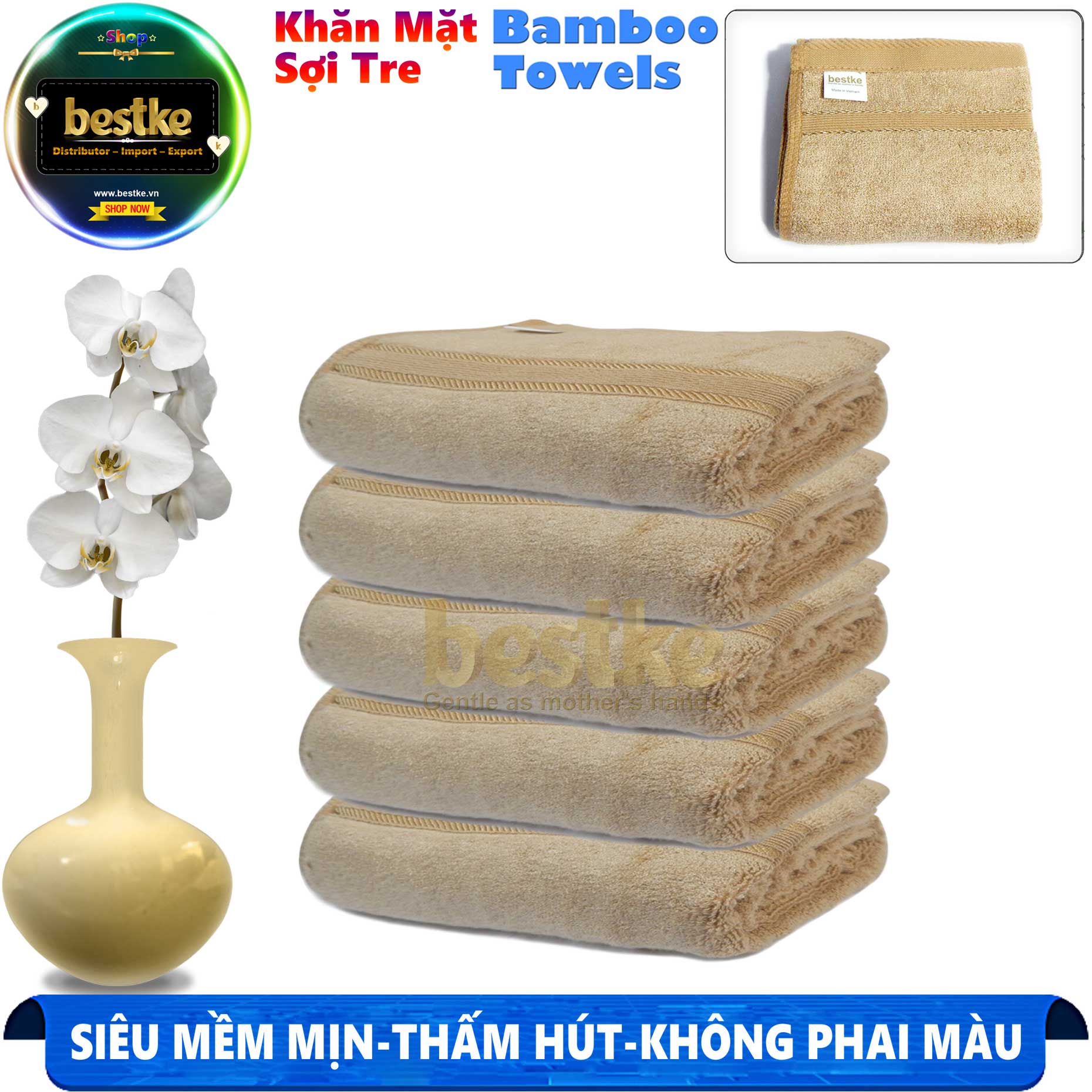 khăn mặt sợi tre, Set 5 cái màu nâu size 30*50cm = 60g/cái, Bamboo Towels