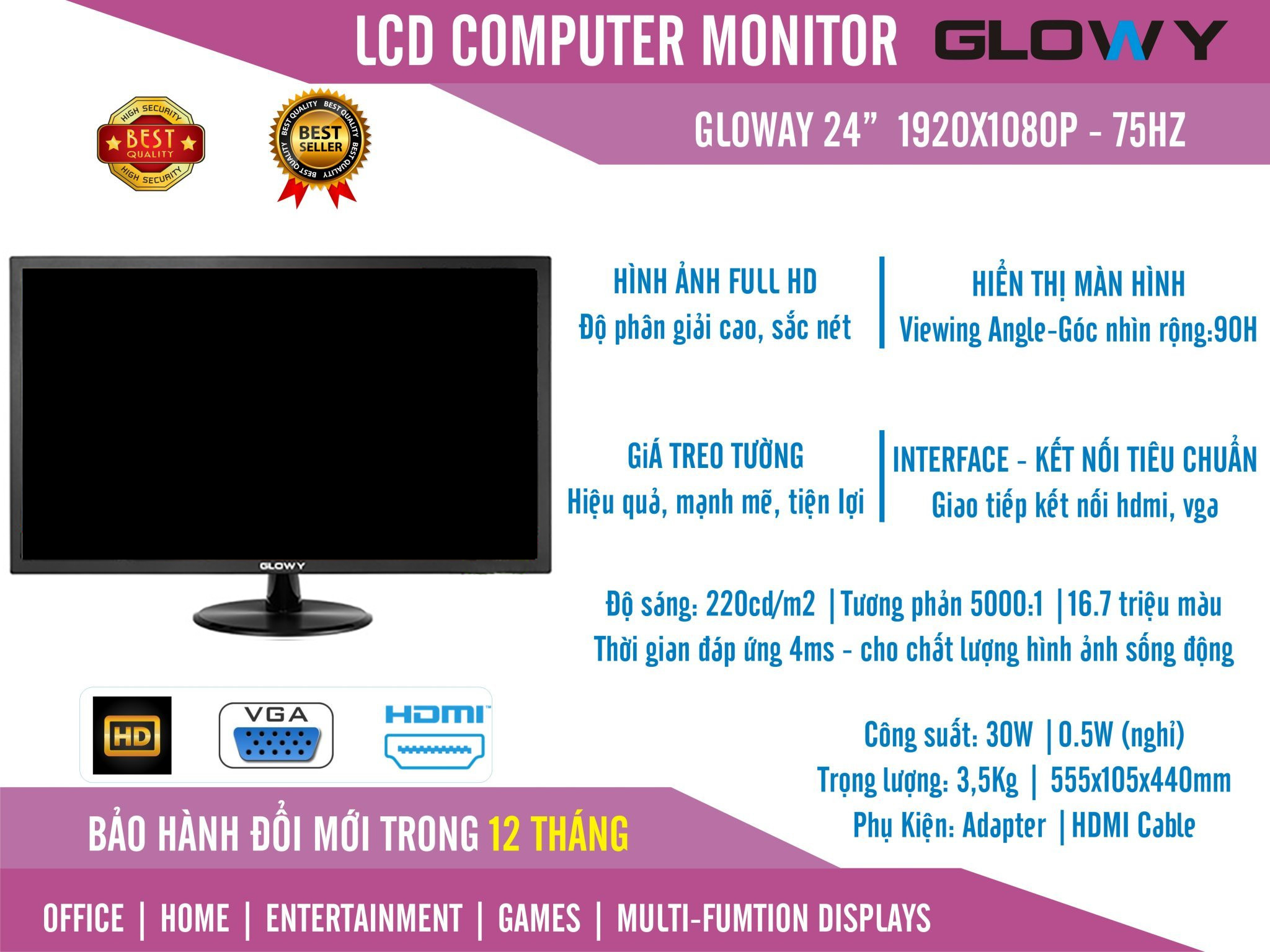 Màn hình LCD 24&quot; GLOWY GLW24 75Hz (VGA-HDMI) - Hàng Chính Hãng