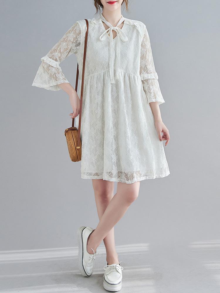 Women Floral Lace Dress 3/4 Flared Sleeves V Neck Ruffles A-line Plus Size Holiday Boho Casual Dress White