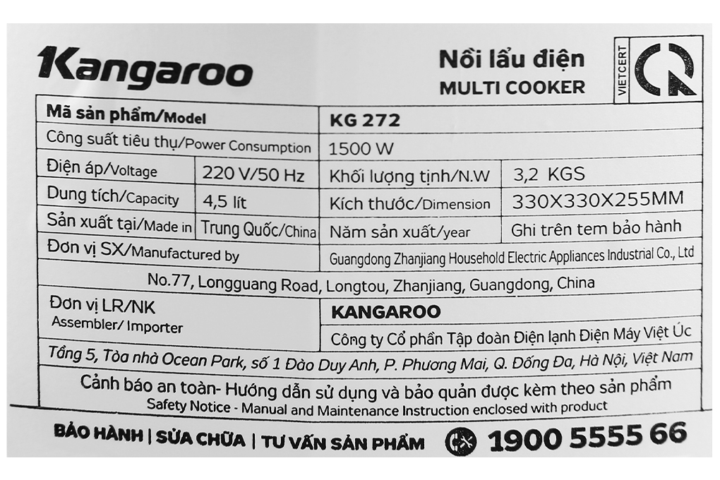 Nồi Lẩu Điện Kangaroo KG272 (4.5L) - Trắng - Hàng chính hãng