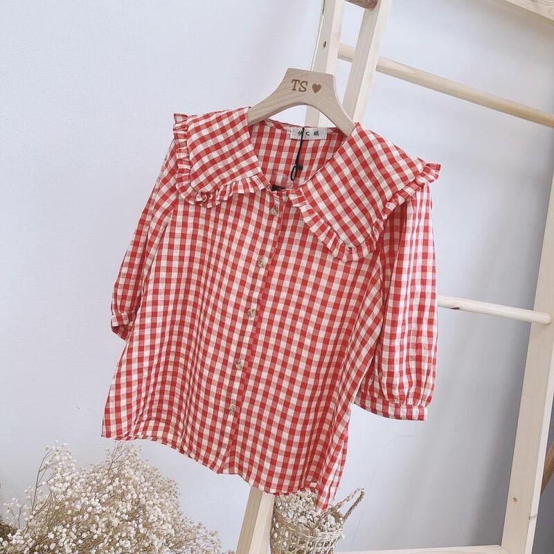 ÁO CỔ BÈO XINH SẮN Áo sơ mi kẻ đỏ cổ bèo xinh xắn hàng hottrend