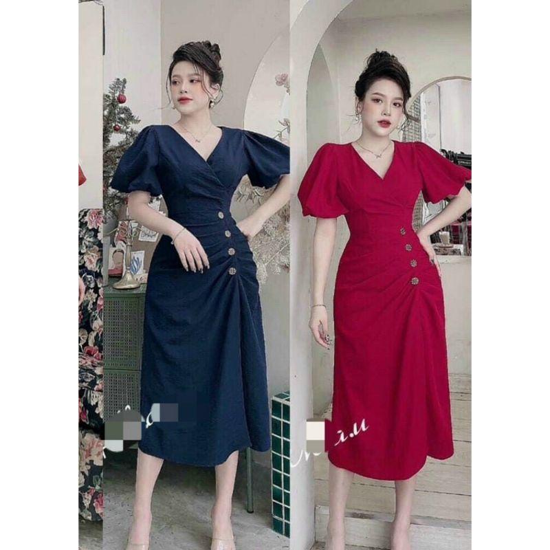 ĐẦM NỮ CỔ CHỮ V PHỐI NÚT V BÊN NHÚN BÊN SƯỜN