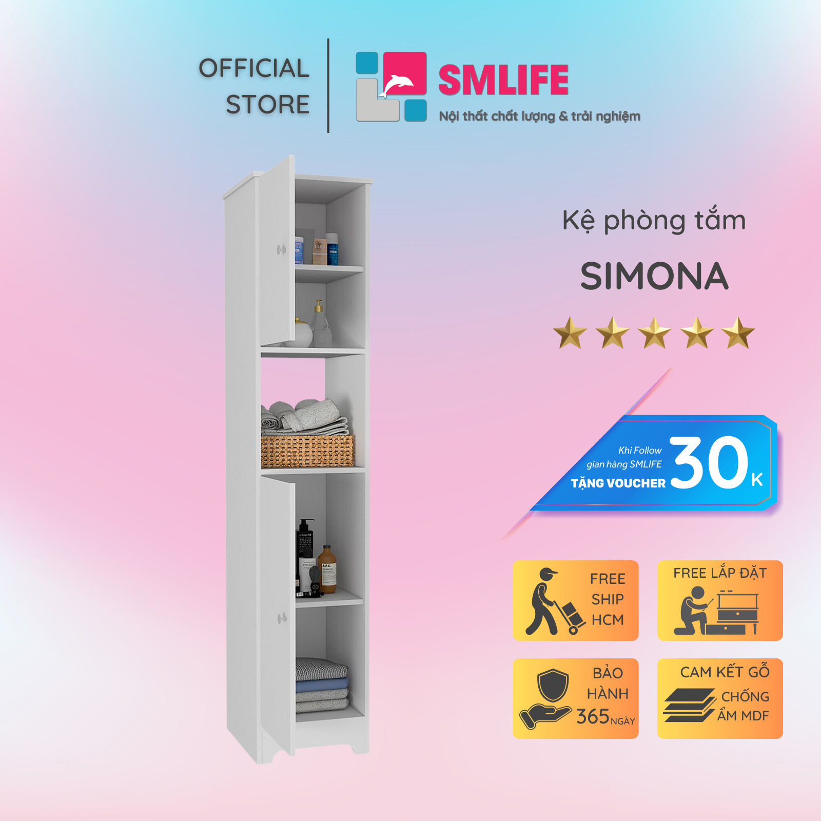 Tủ phòng tắm gỗ hiện đại SMLIFE Simona | Gỗ MDF dày 17mm chống ẩm | D38xR40xC180cm