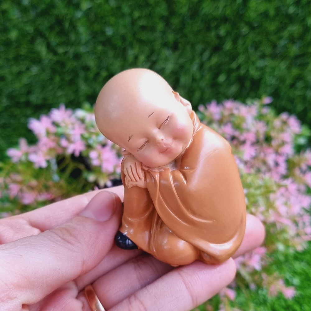 Bộ 03 chú tiểu áo nâu - mẫu ngồi an nhiên size mini 7cm