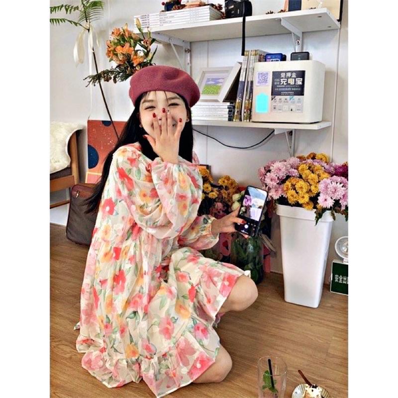 ĐẦM BABYDOLL TAY DÀI HOẠ TIẾT HOA PHONG CÁCH HÀN QUỐC