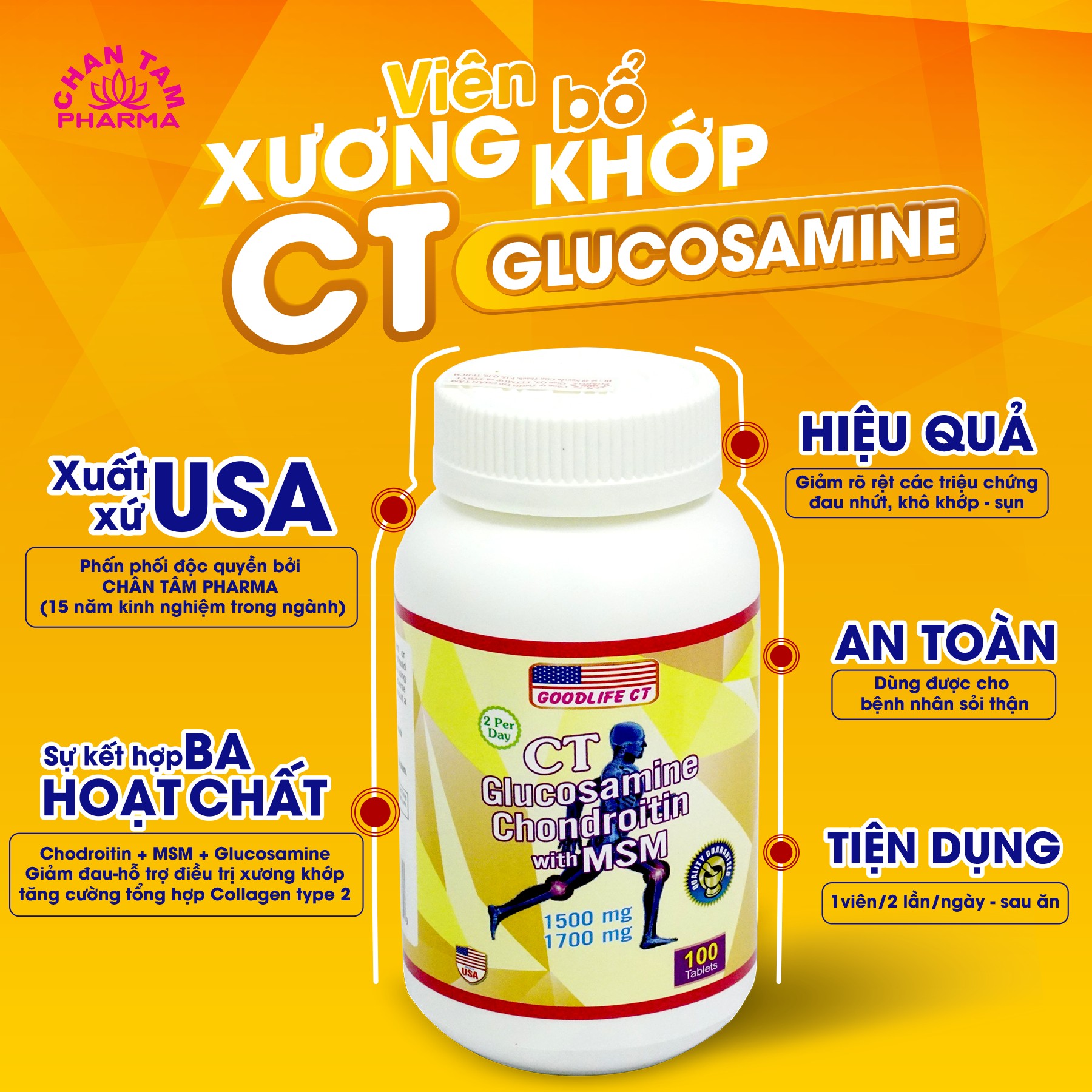 Viên Bổ Sung cho Khớp và Sụn CT GLUCOSAMINE Mỹ CHONDROITIN WITH MSM - Hộp 100 viên