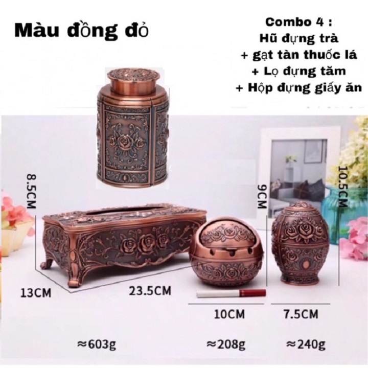 Bộ 4 món Hộp đựng giấy, Hộp đựng chè, Lọ tăm, Gạt tàn hợp kim hoạ tiết tân cổ điển