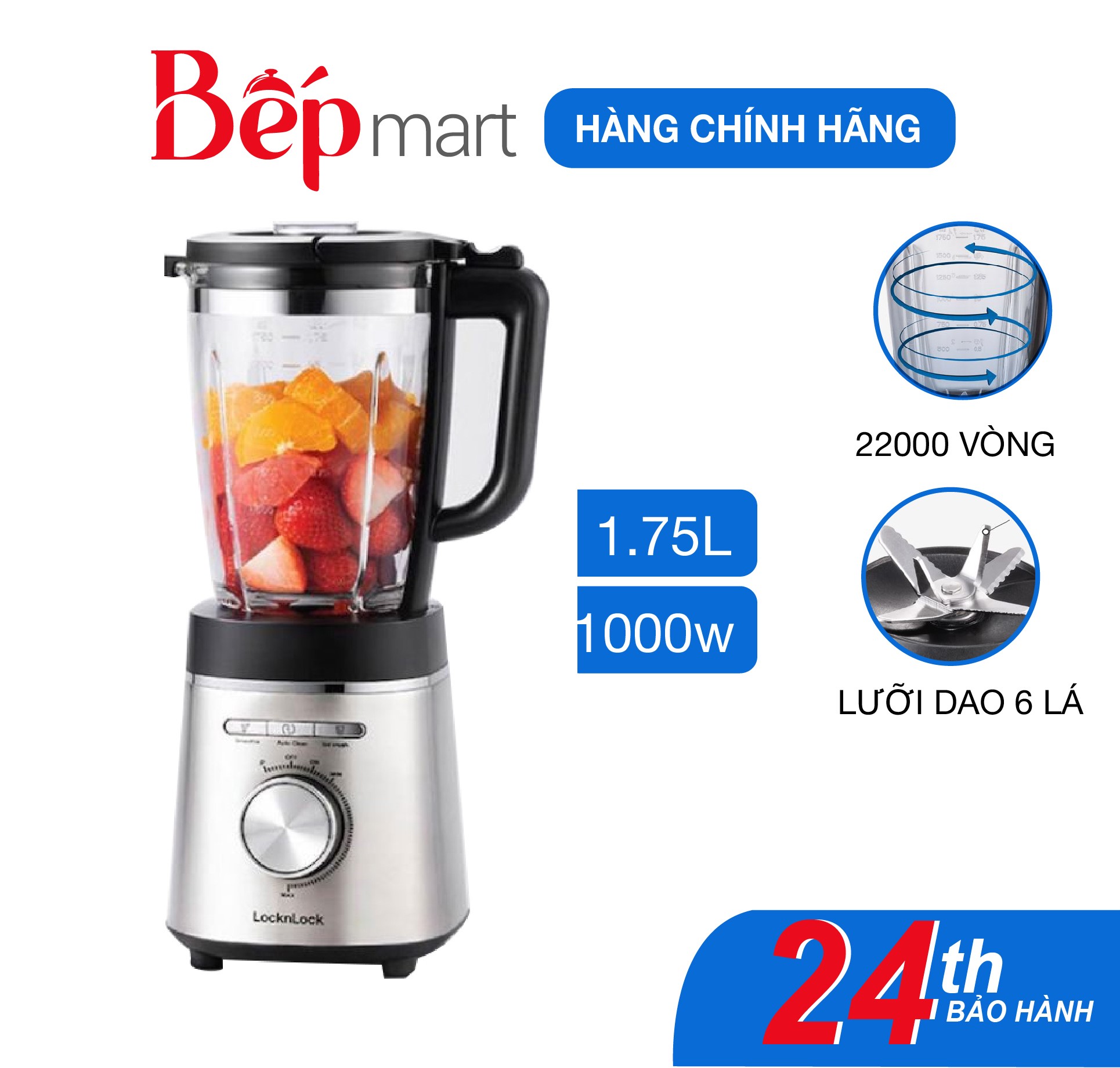 Máy xay sinh tố LocknLock High Speed Blender EJM676BLK dung tích 1.75L, công suất 1400W  - Hàng chính hãng