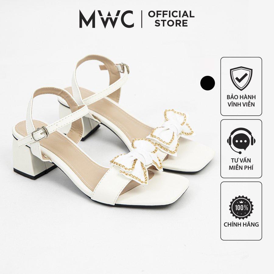 Giày Cao Gót MWC 4368 - Giày Sandal Cao Gót Vuông 5p Quai Ngang Đính Nơ Viền Xích Nữ Tính Thời Trang