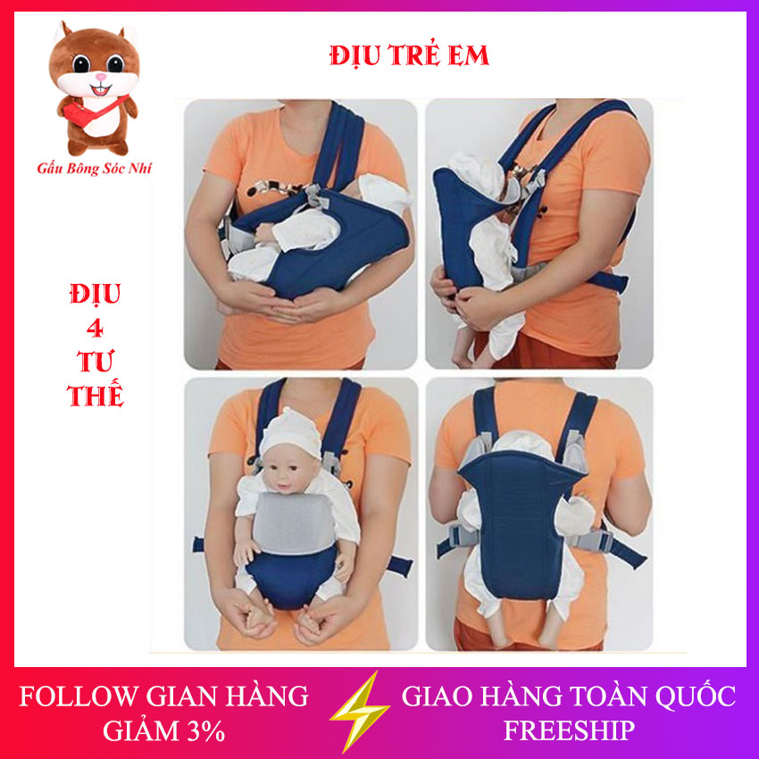 Địu Em bé, Địu 4 tư thế An toàn Cho Trẻ nhỏ  (Tặng kèm đai kháng lực tập thể dục cho mẹ)