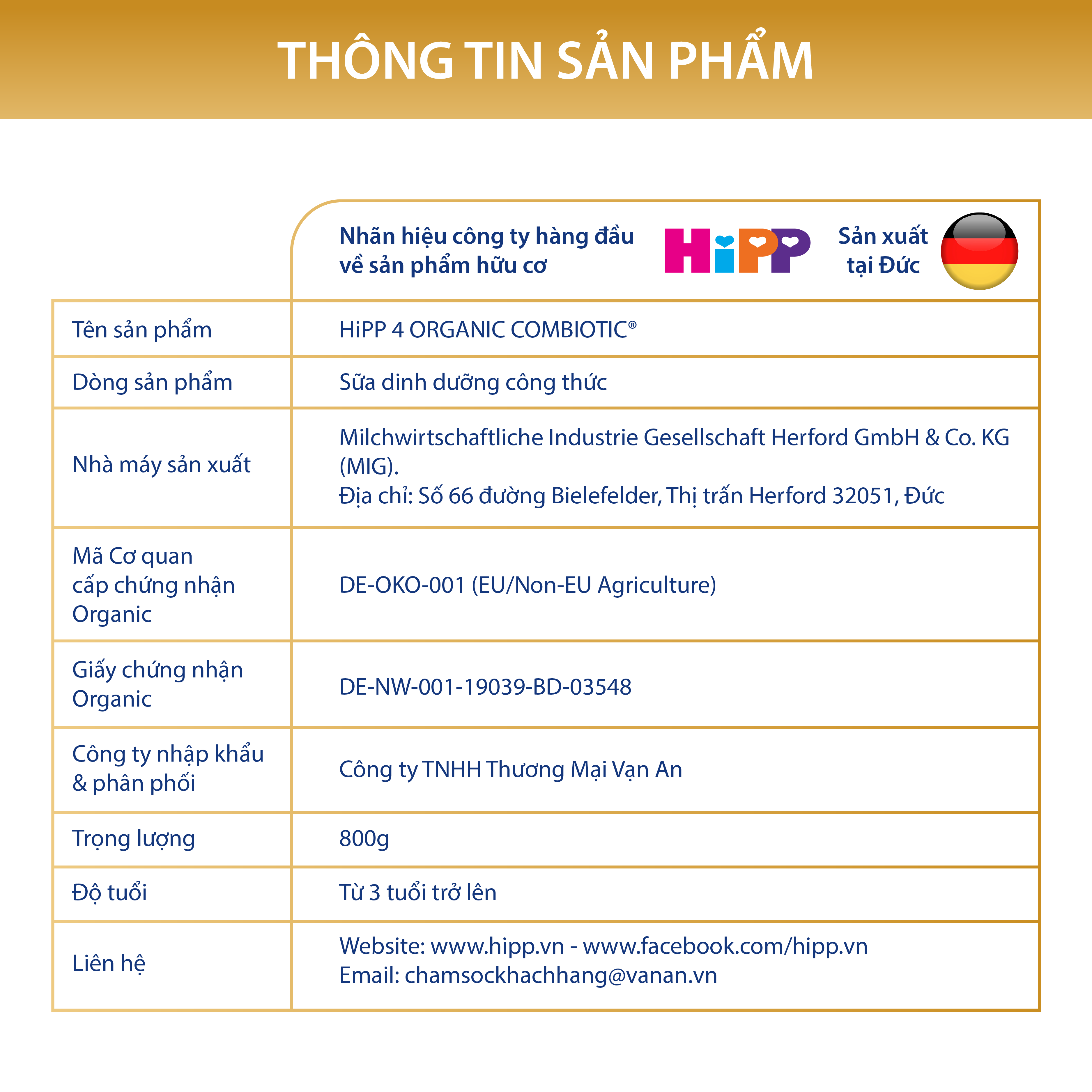 Sữa bột công thức HiPP 4 Organic Combiotic 800g cho bé từ 3 tuổi
