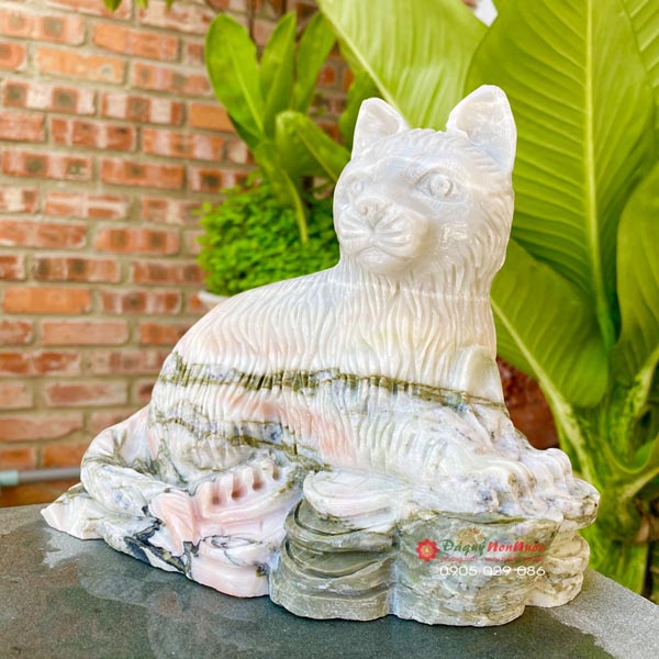 Tượng mèo đá 12 con giáp phong thủy đá hồng vân dây 19cm - đá Non Nước