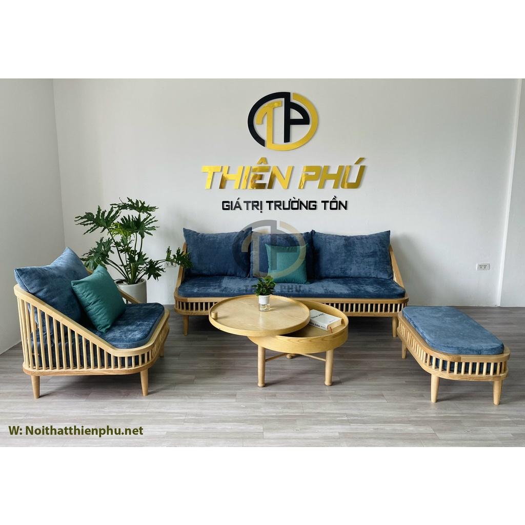 Bộ sofa gỗ Dedar KBH màu tự kết hợp bàn trà xoay Turning hiện đại