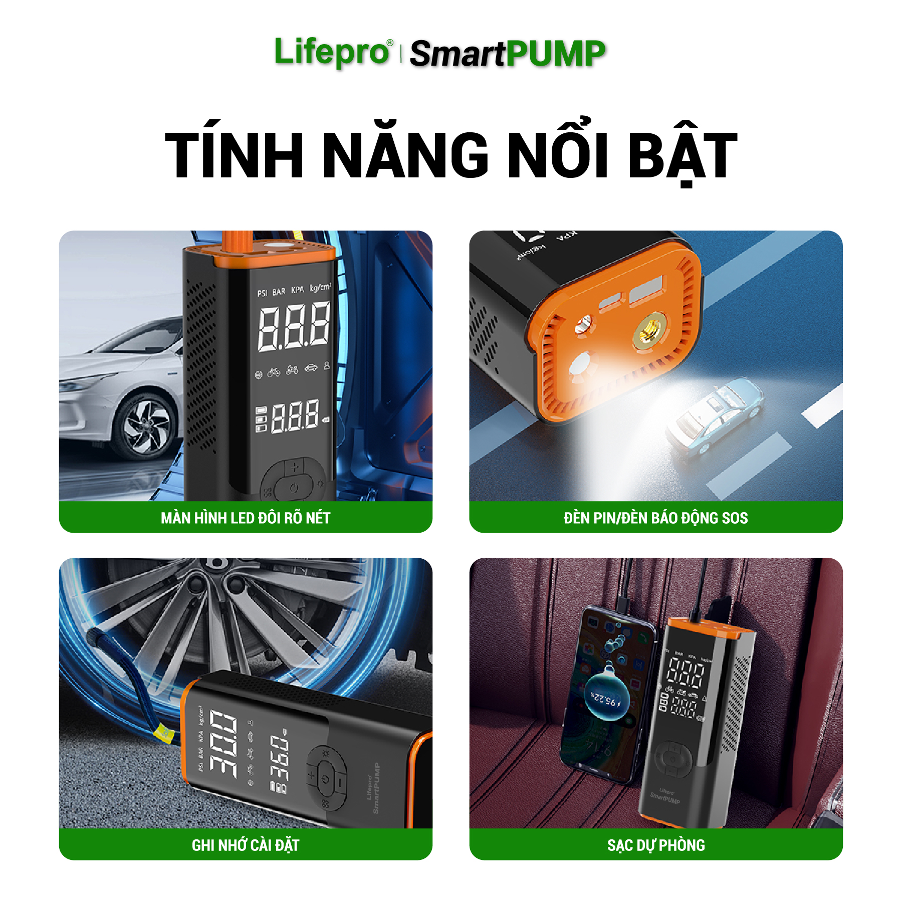 Bơm lốp ô tô không dây đa năng Lifepro SmartPUMP Hàng chính hãng