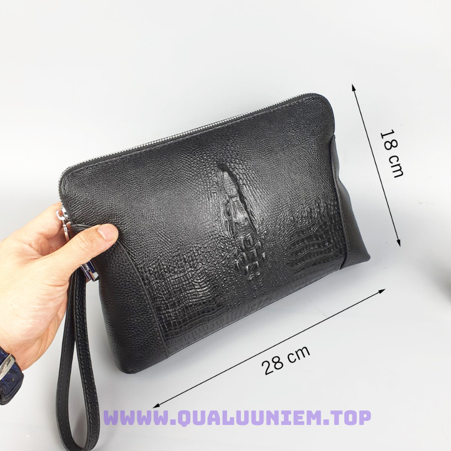 Clutch khóa số da bò phối vân cá sấu